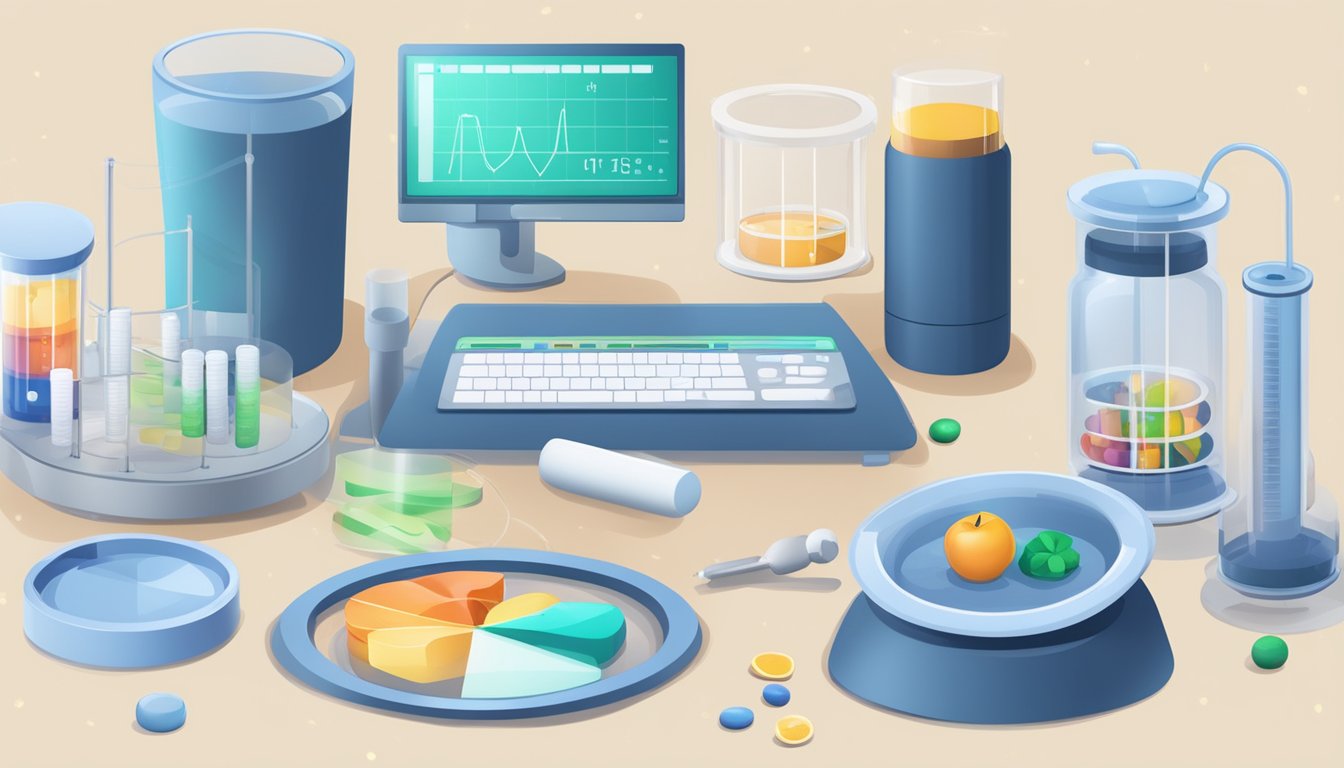 A lab setting with test tubes, scales, and a computer displaying data on intermittent fasting and weight loss