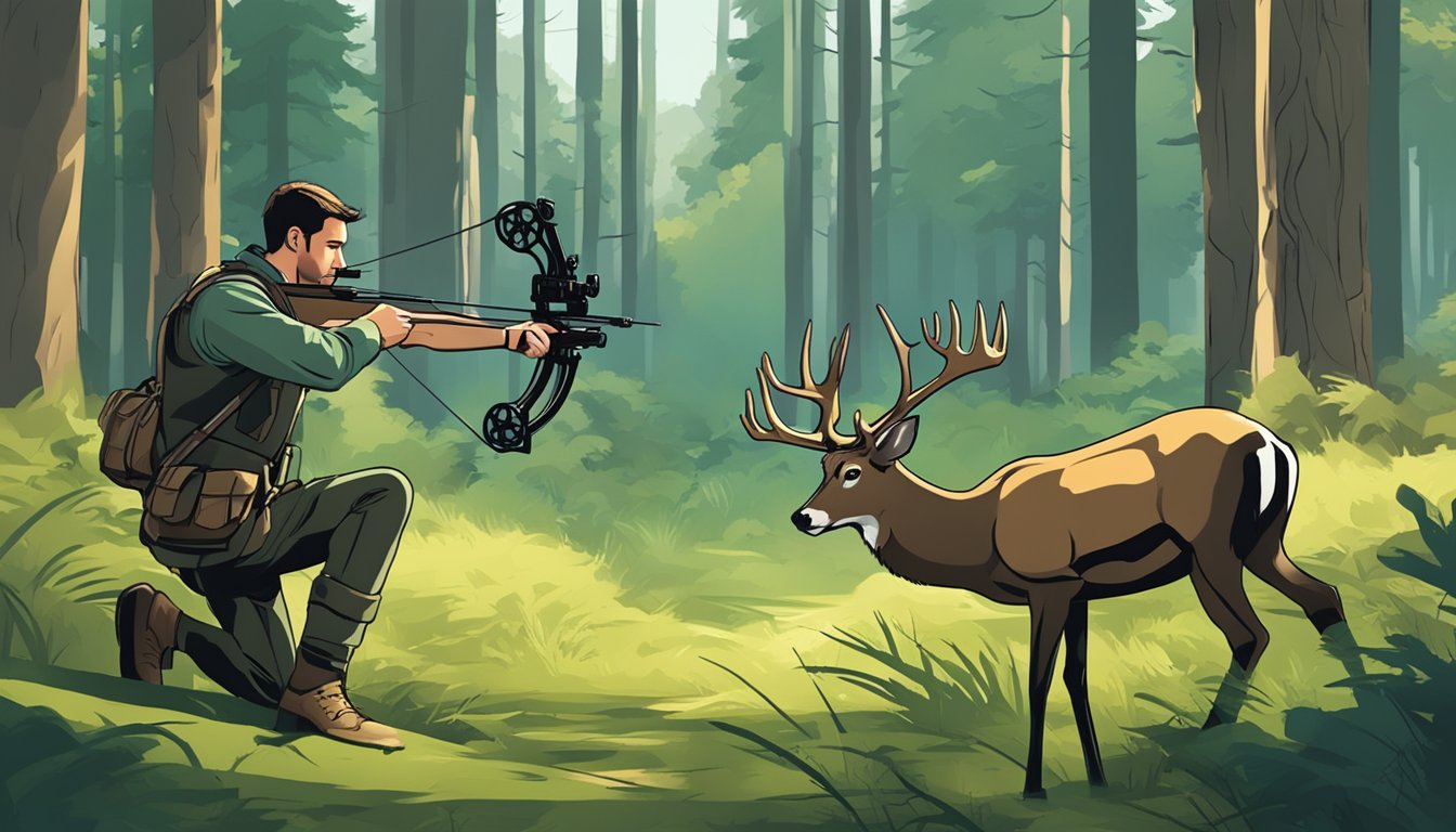 A hunter draws back a sleek compound bow in a forest clearing, eyes fixed on a grazing deer