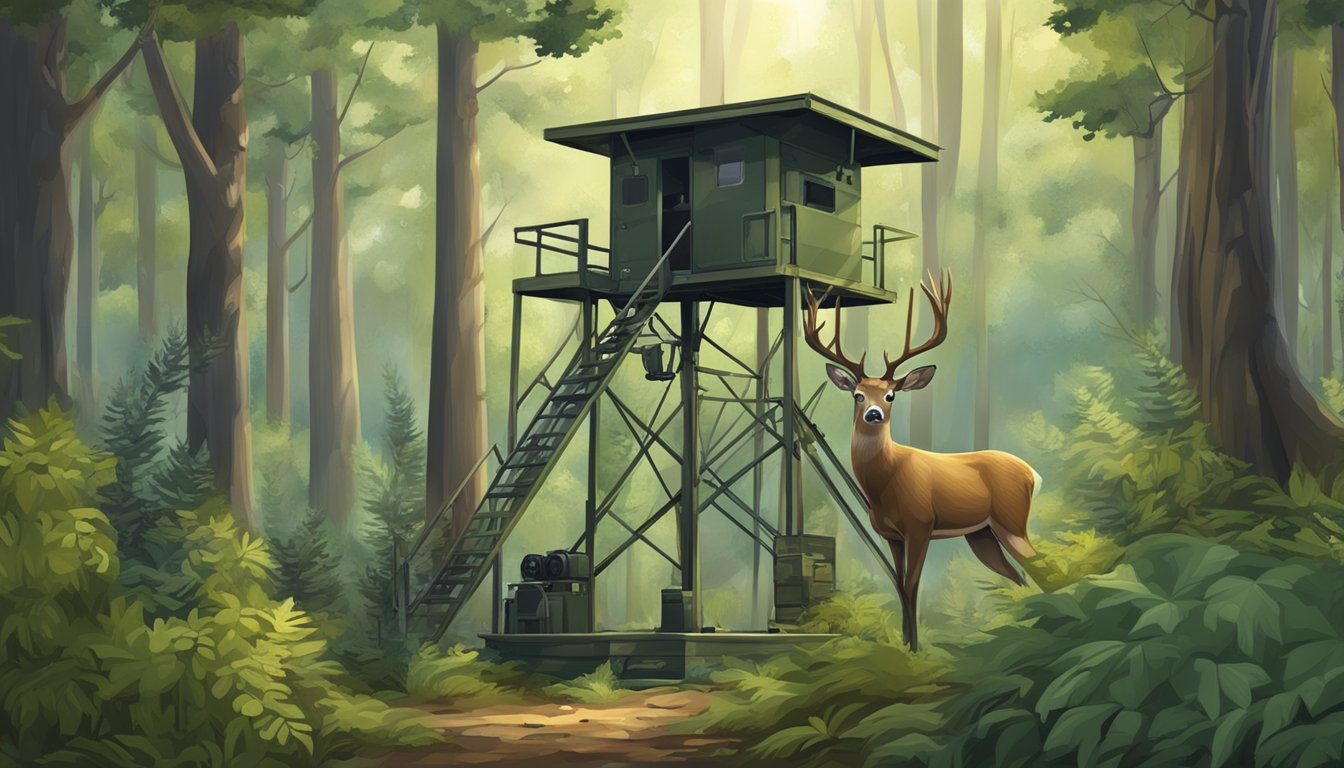 A deer hunting stand set within a dense forest, surrounded by trees and foliage, with a rifle, binoculars, and camouflage gear