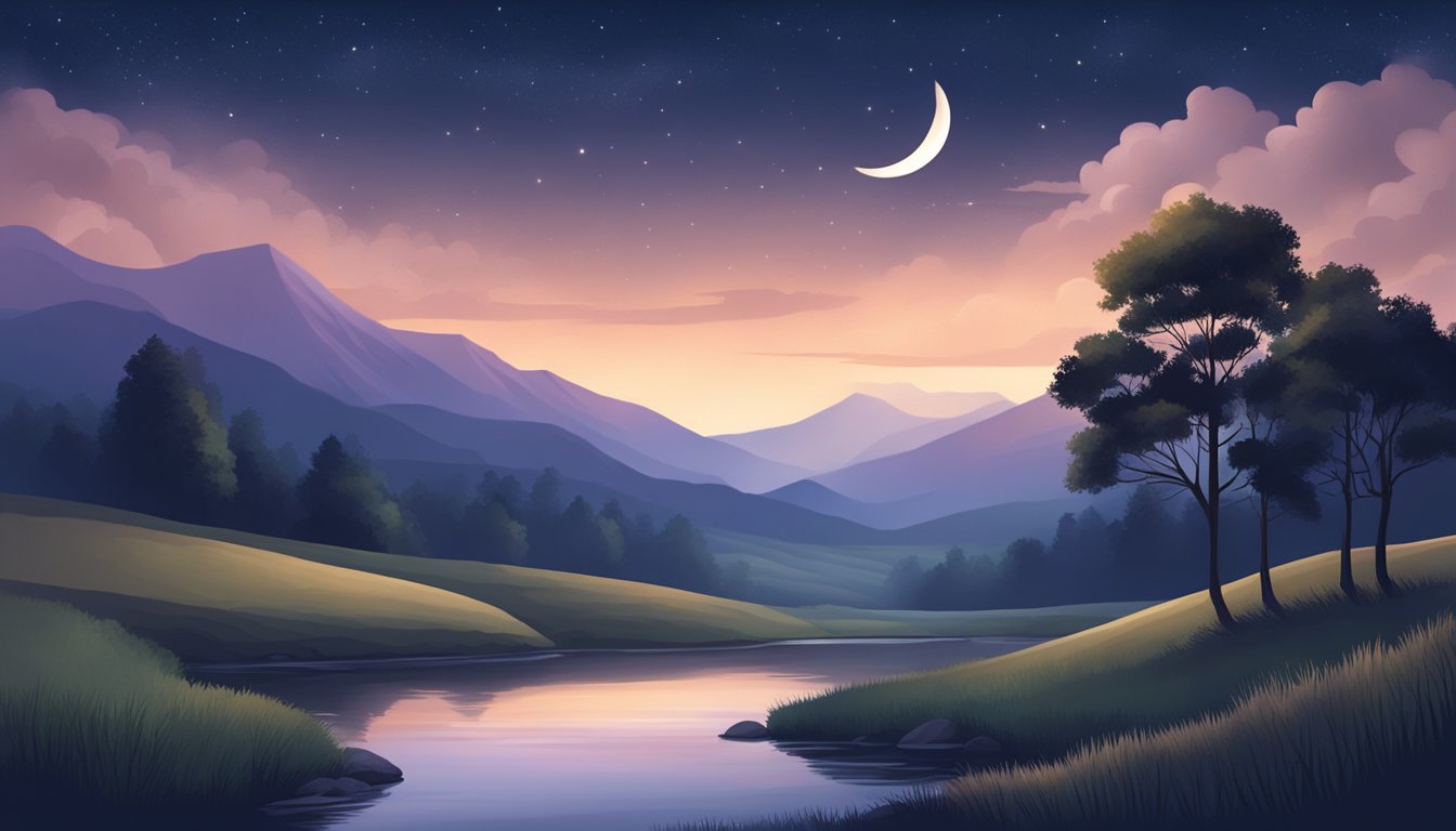 A serene night sky with a crescent moon shining above a peaceful landscape of rolling hills and a tranquil stream, evoking a sense of restful sleep and fasting