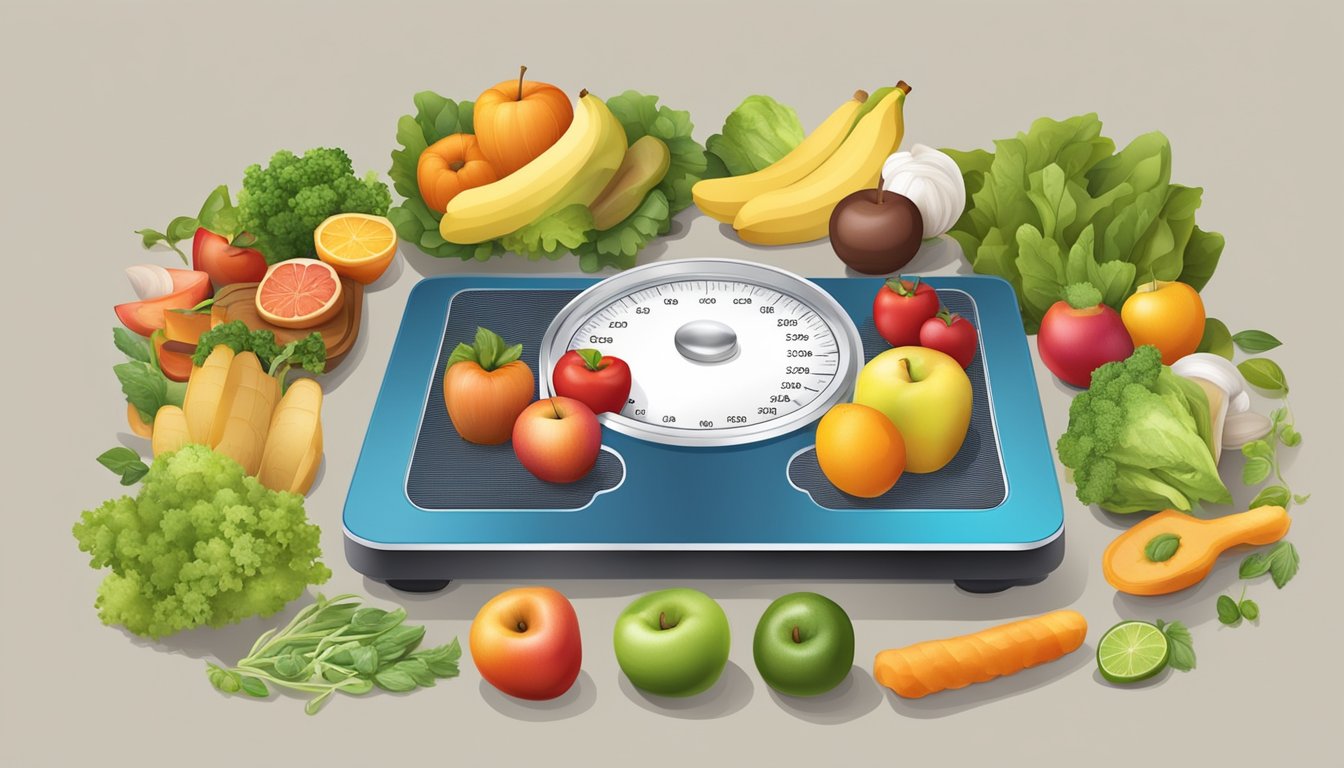 A scale surrounded by healthy food and exercise equipment