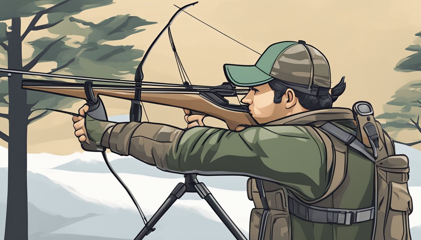 A hunter carefully attaches a stabilizer and sight to their sleek, camouflaged hunting bow