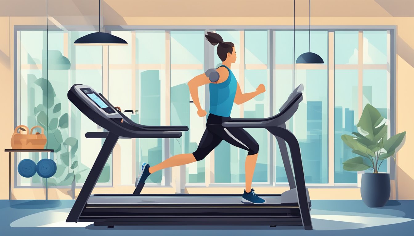 A person running on a treadmill, surrounded by fitness equipment and weights, with a stopwatch and water bottle nearby