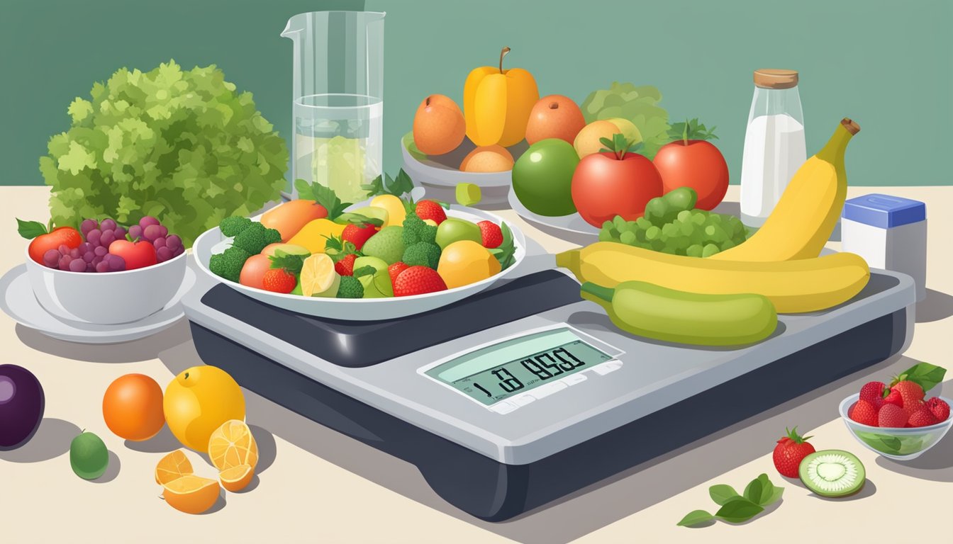 A table with a balanced meal on one side and a scale on the other, surrounded by various fruits, vegetables, and exercise equipment