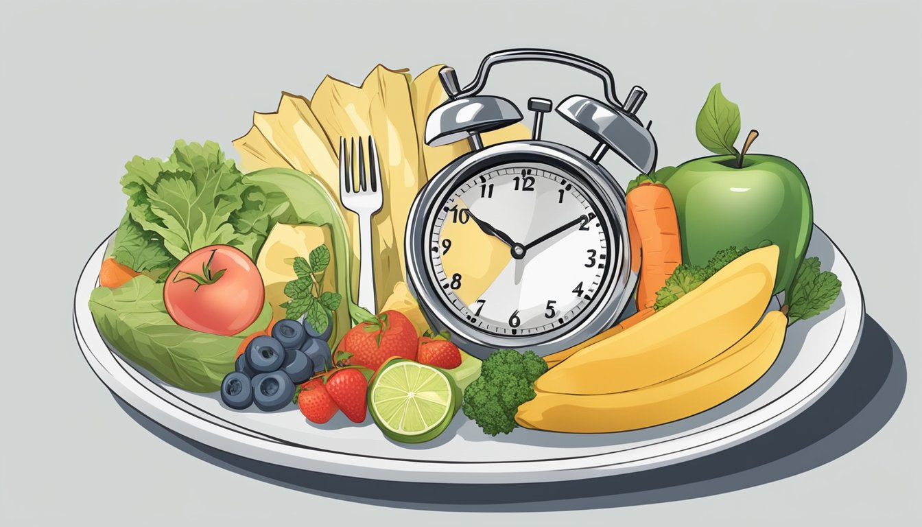 A plate of healthy food and a clock showing different times, symbolizing the concept of intermittent fasting and its impact on weight loss