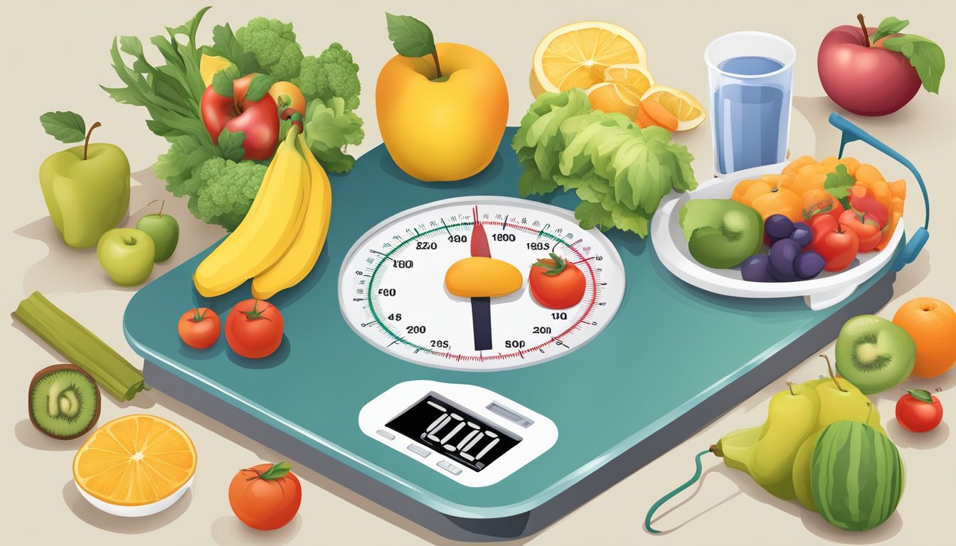 A scale displaying decreasing numbers, surrounded by healthy food and exercise equipment