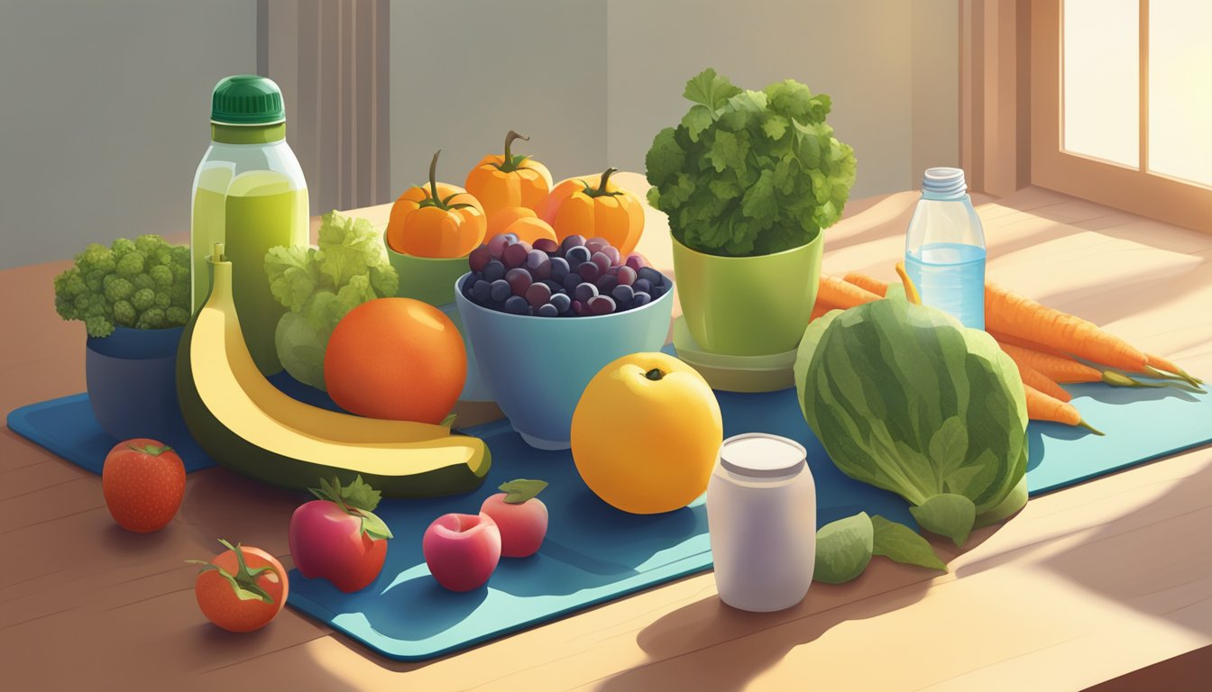 A balanced plate of colorful fruits and vegetables, a water bottle, and a yoga mat in a sunlit room