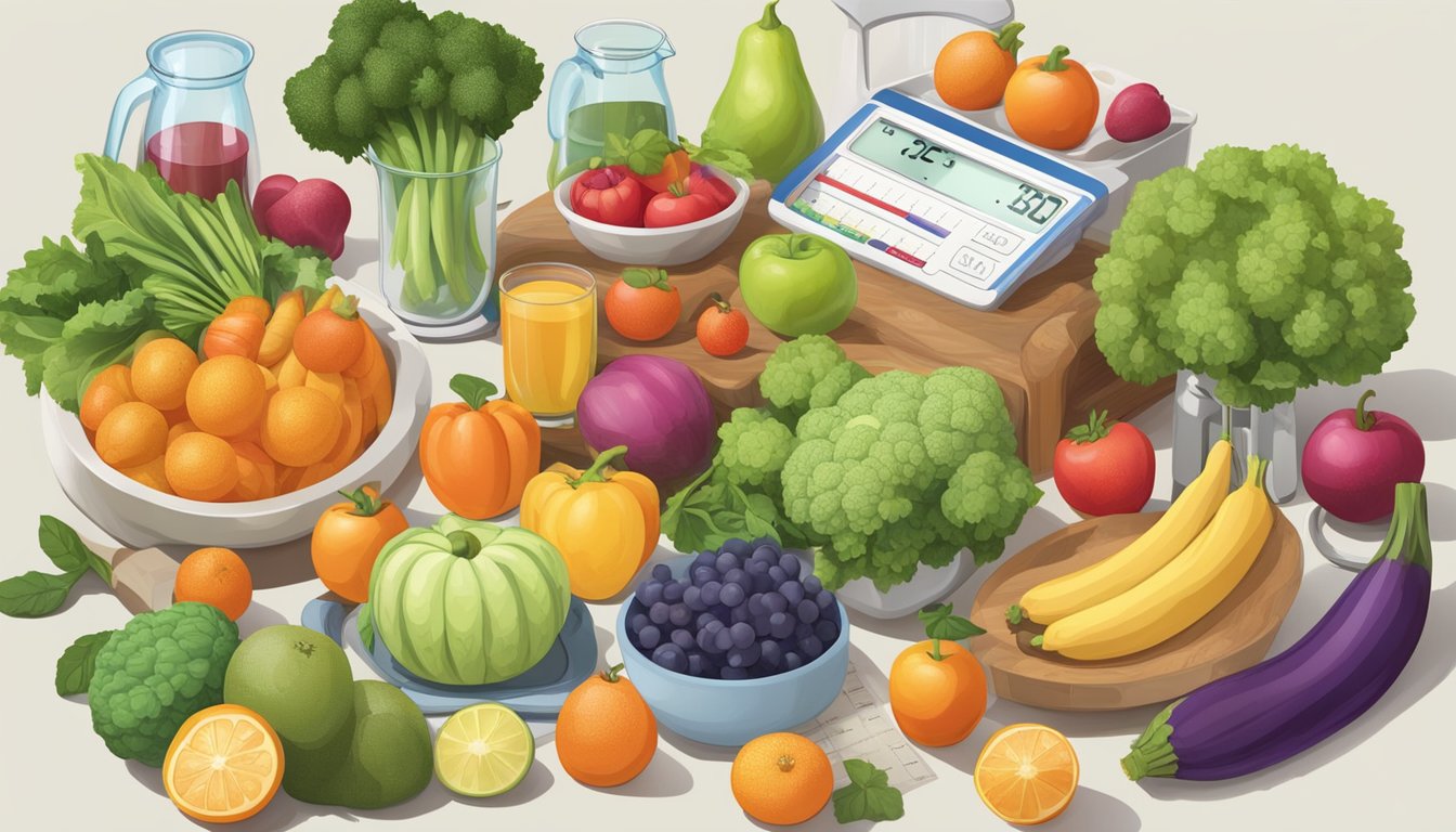 A table filled with healthy, colorful fruits and vegetables, surrounded by measuring cups and a scale. A nutrition label and a tape measure are visible nearby