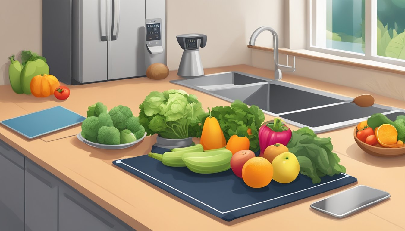 A kitchen with fresh fruits and vegetables, a scale, and a workout mat, symbolizing sustainable weight loss without intermittent fasting