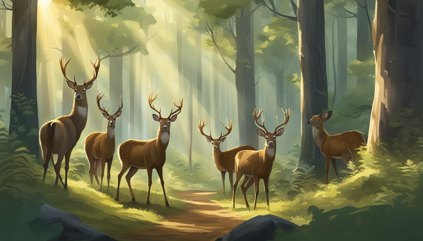 A group of deer roam freely in a lush forest, surrounded by tall trees and patches of sunlight. A signpost indicates "Additional Game Opportunities open day for deer hunting."