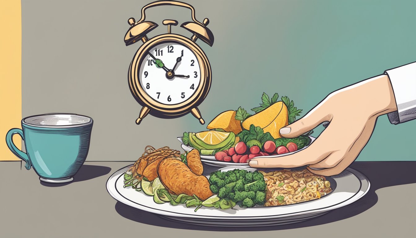 A person's hand setting aside a clock and a plate of food