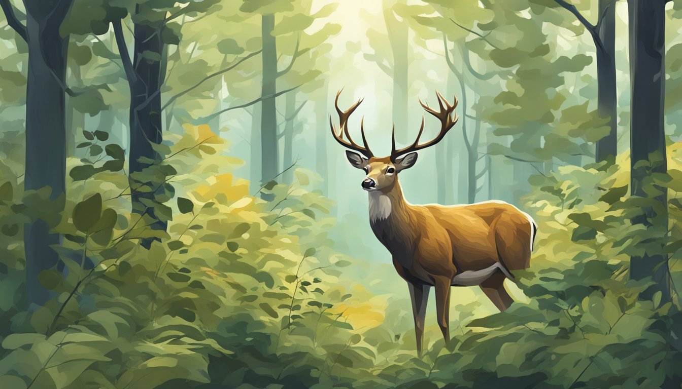 A deer blends into the forest, its coat matching the surrounding foliage, hidden from view