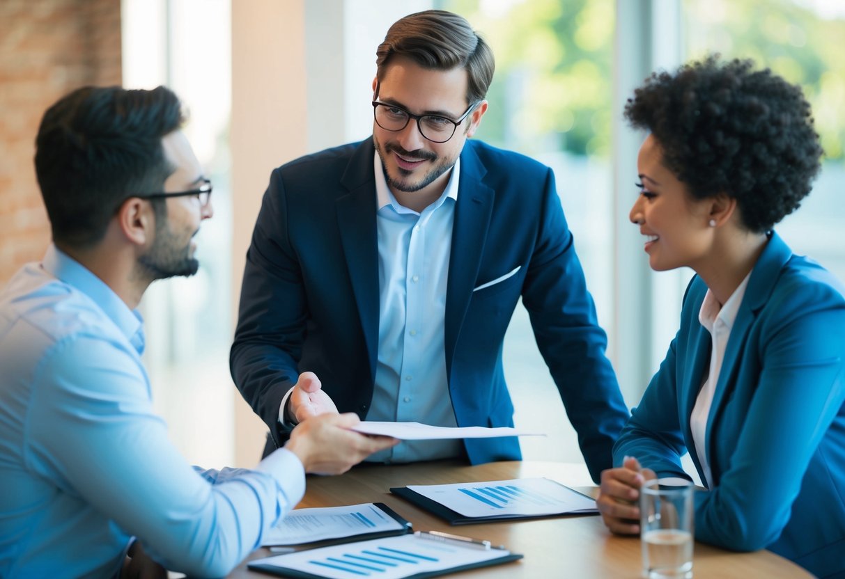 Une table entourée de deux personnes, l'une présentant une proposition tandis que l'autre écoute attentivement, toutes deux engagées dans une discussion dans une atmosphère collaborative et positive.