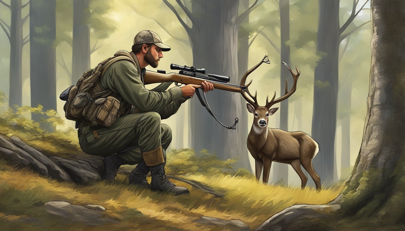 A deer hunter crouches behind a tree, bow drawn, eyes fixed on a grazing deer in a dense forest clearing