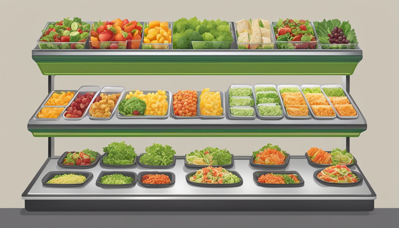 A colorful display of fresh salads, wraps, and fruit cups at Sheetz, with a variety of healthy lunch and dinner options available