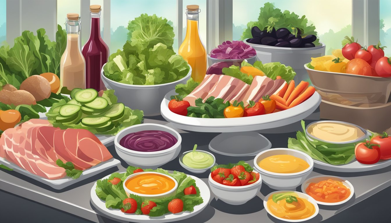 A colorful display of fresh vegetables, fruits, and meats arranged neatly on a counter, with a variety of salad dressings and wraps in the background