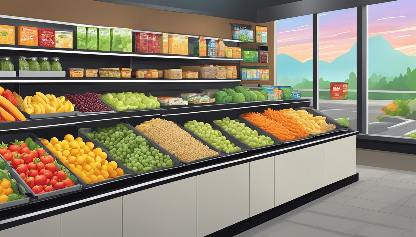 A colorful array of fresh fruits, crisp vegetables, and whole grain snacks displayed on a modern, clean countertop at Sheetz