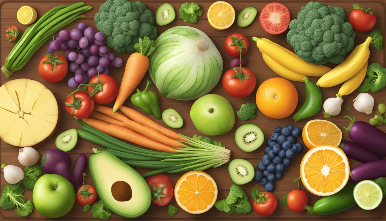 A colorful array of fresh fruits, vegetables, whole grains, and lean proteins arranged on a wooden cutting board