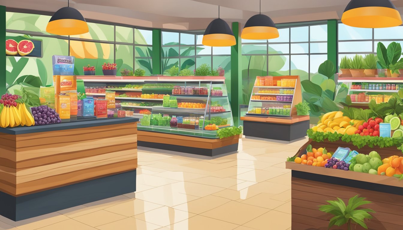 A colorful display of fresh fruits, smoothies, and herbal teas at a Sheetz store, surrounded by vibrant greenery and wellness-themed decor