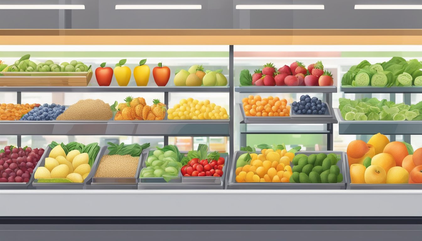 A variety of fresh fruits, salads, and whole grain options displayed in a brightly lit, modern convenience store setting