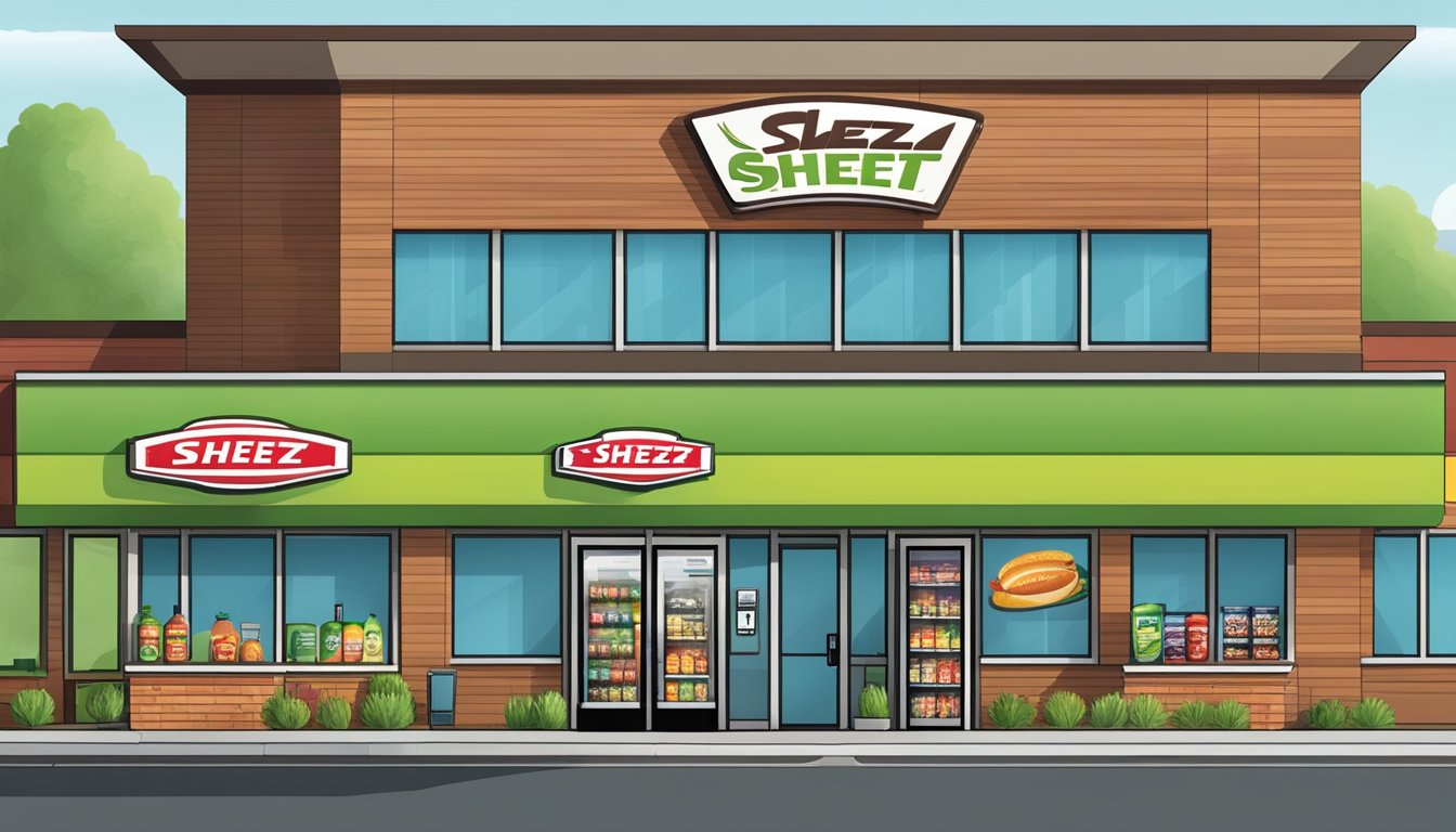 A Sheetz convenience store with a variety of healthy food options displayed near the gas pumps