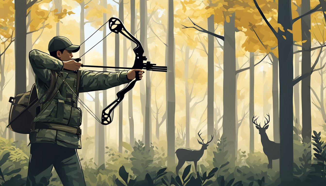 A hunter draws back a compound bow, aiming at a deer in a forest clearing. The bow is sleek and modern, with camouflage design