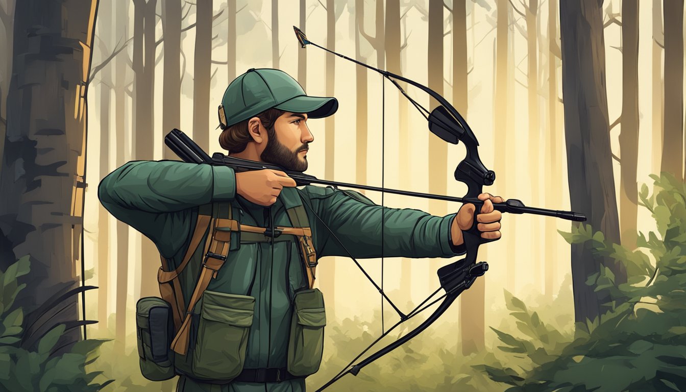 A hunter holding a compound bow, arrow nocked, scanning the forest for deer