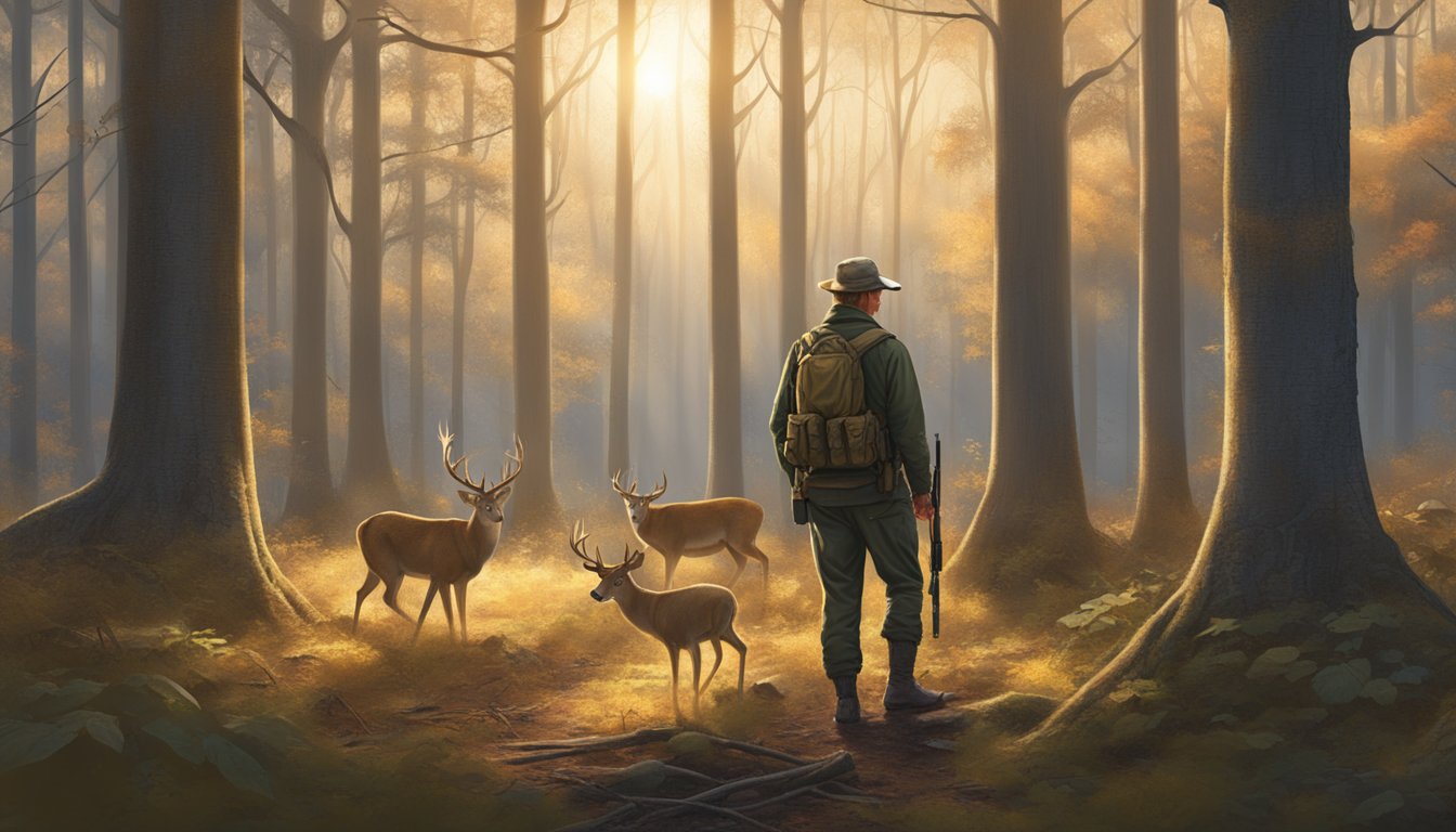 A seasoned hunter stands in the woods, gun at the ready, scanning the horizon for signs of deer. The early morning light filters through the trees, casting a warm glow on the forest floor