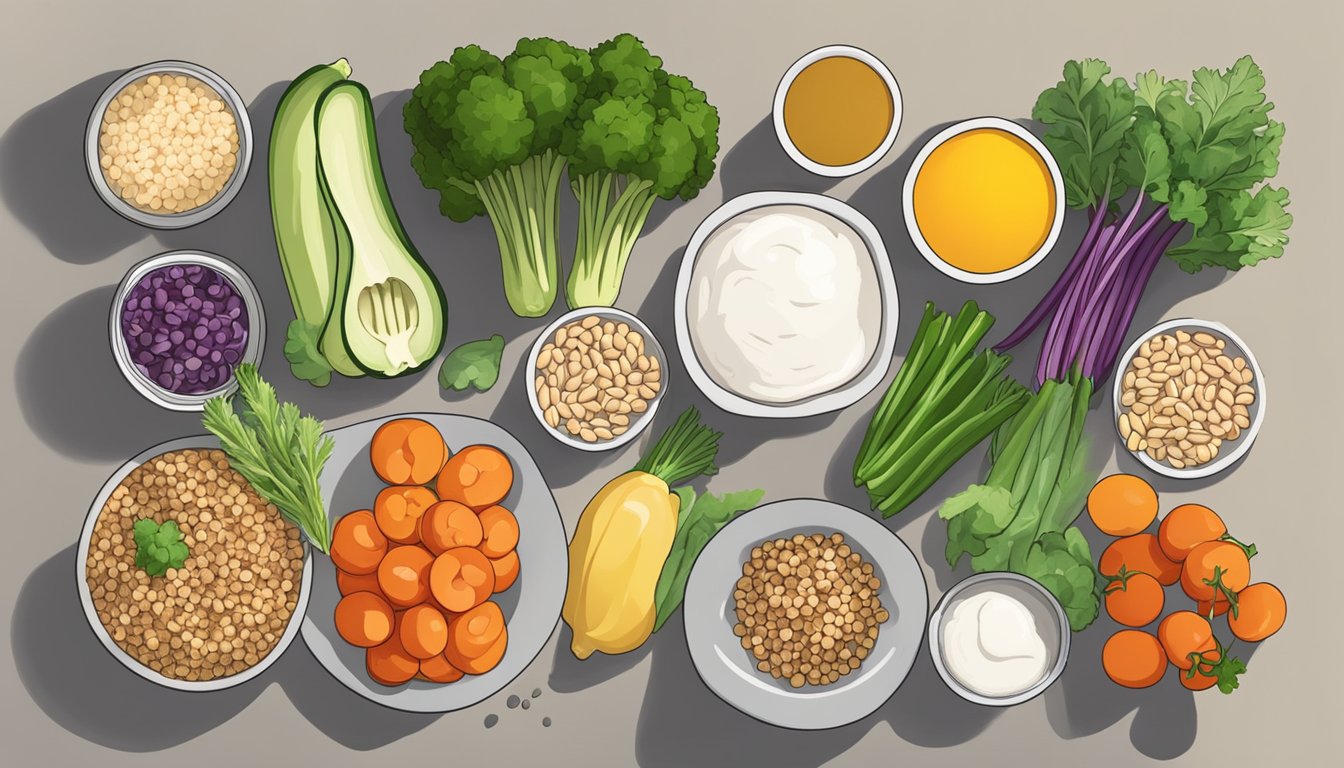 A kitchen counter with fresh vegetables, lean proteins, and whole grains laid out for meal prep