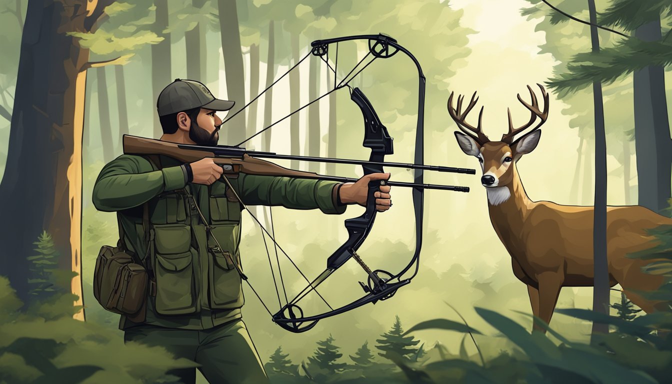 A hunter cautiously aims a compound bow at a deer, surrounded by dense forest and observing ethical hunting practices