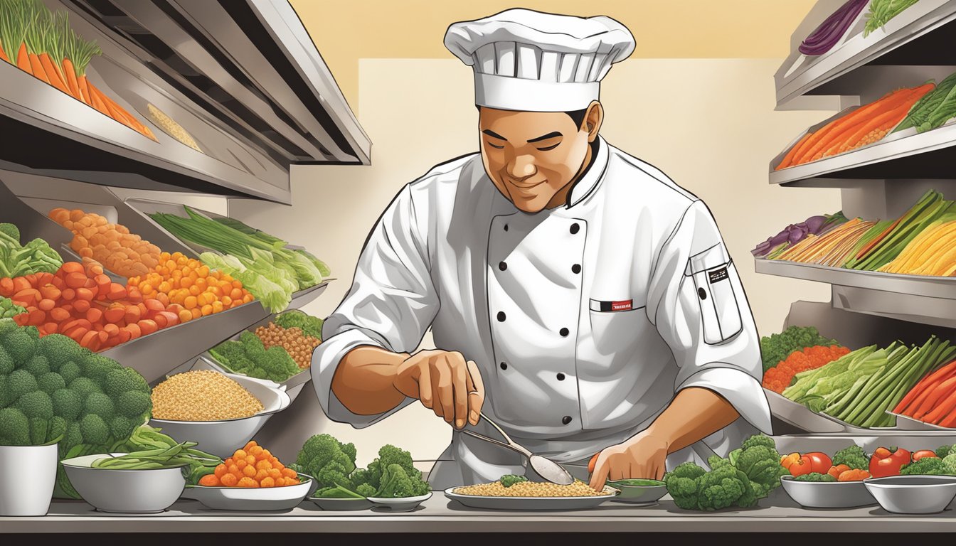 A chef at Benihana carefully selects and prepares fresh, vibrant vegetables, lean proteins, and whole grains, showcasing the restaurant's dedication to offering healthy, flavorful options