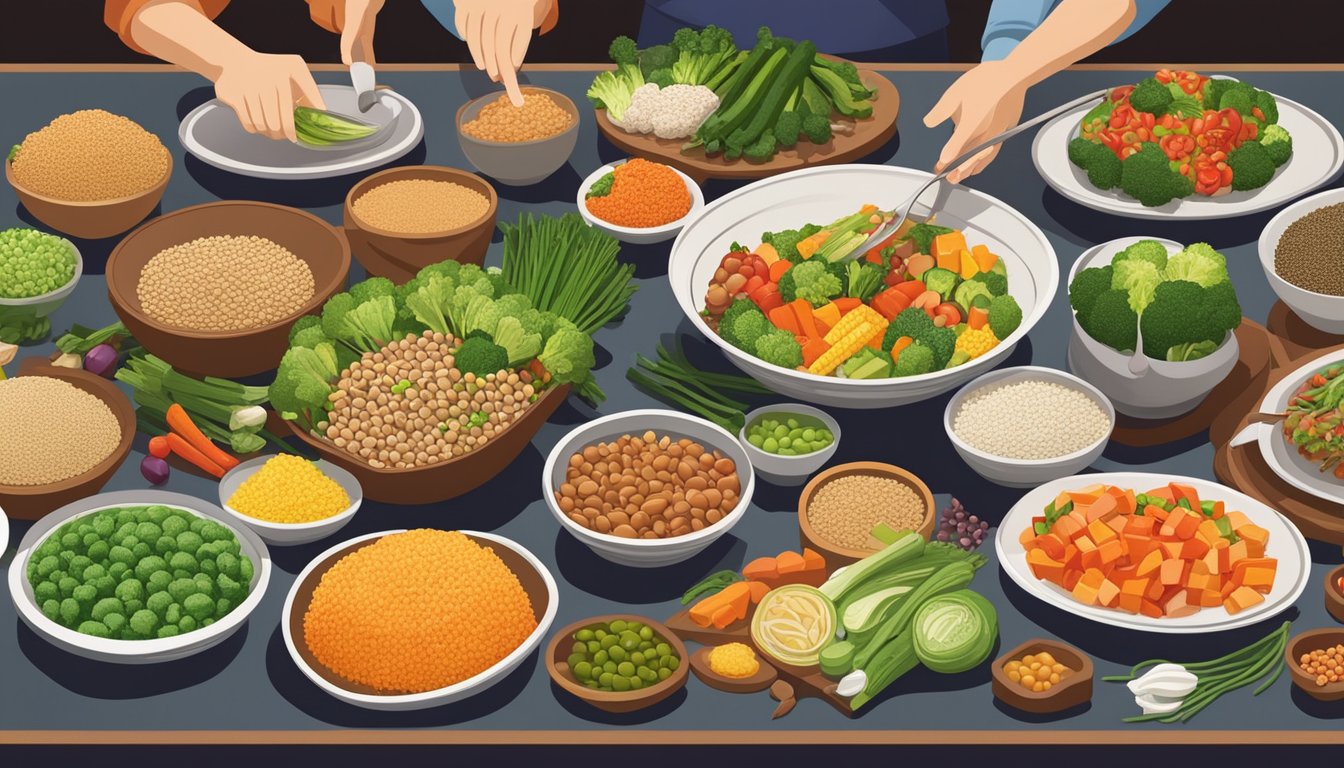 A colorful array of fresh vegetables, lean proteins, and whole grains displayed on a vibrant table at Benihana, with a chef skillfully preparing a nutritious and delicious meal