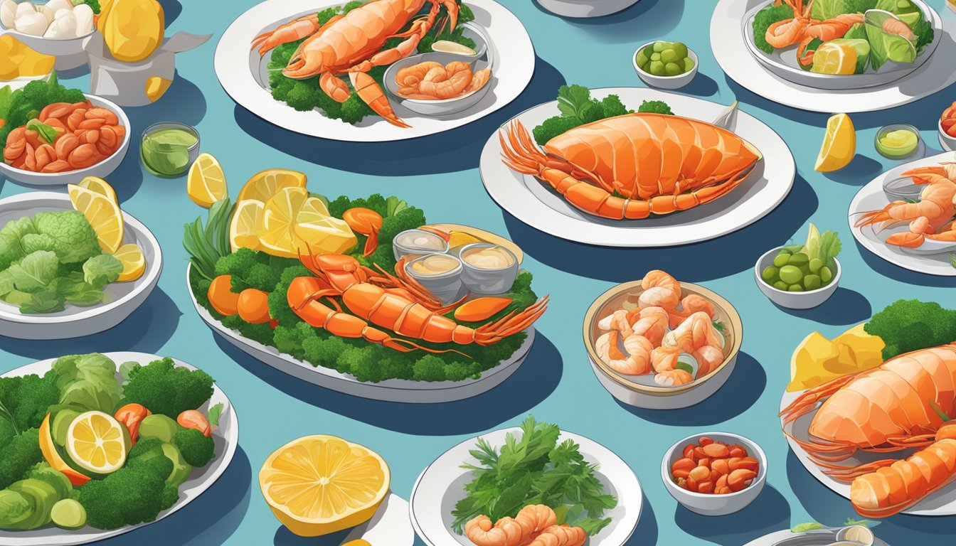 A colorful array of fresh seafood and vibrant vegetables displayed on a clean, modern table setting