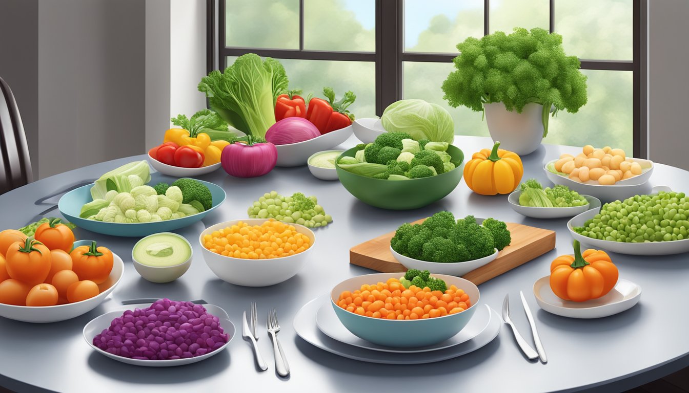 A colorful array of fresh vegetables and lean proteins arranged on a clean, modern table setting