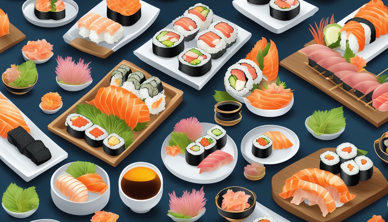 A beautifully arranged platter of colorful sushi and sashimi, surrounded by delicate garnishes and elegant tableware