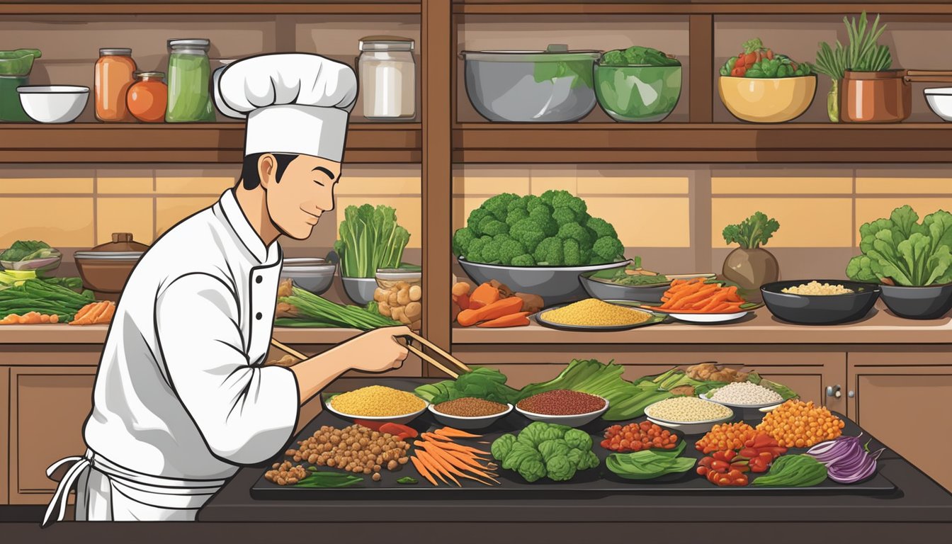 A table set with a variety of fresh vegetables, lean proteins, and whole grains, with a chef preparing a colorful and flavorful meal at a teppanyaki grill