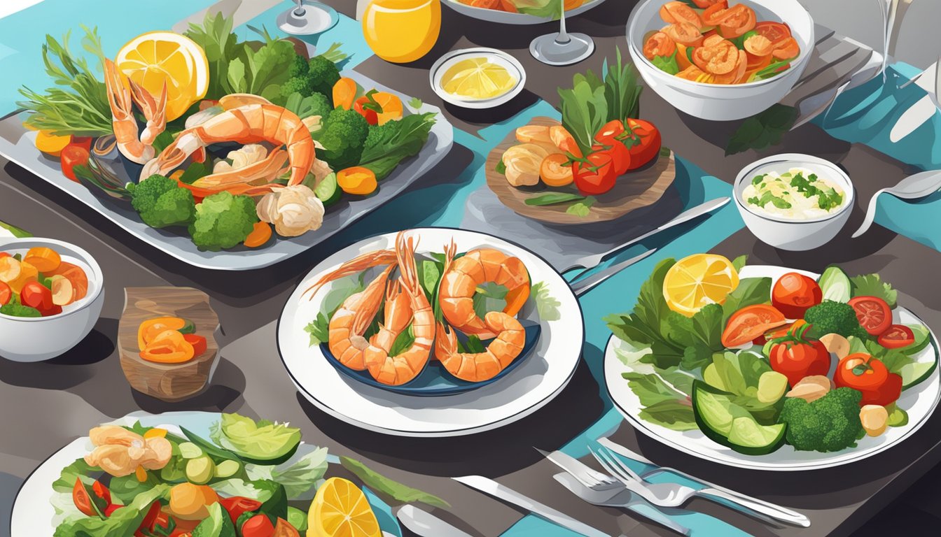 A colorful array of fresh vegetables and grilled seafood on a clean, modern table setting