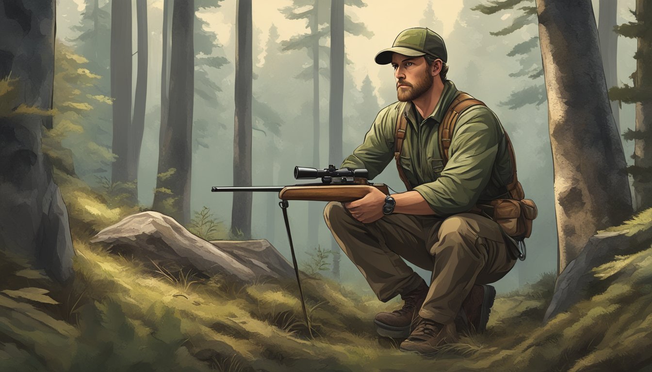 A deer hunter crouches in a forest, holding a knife, eyes fixed on a distant target