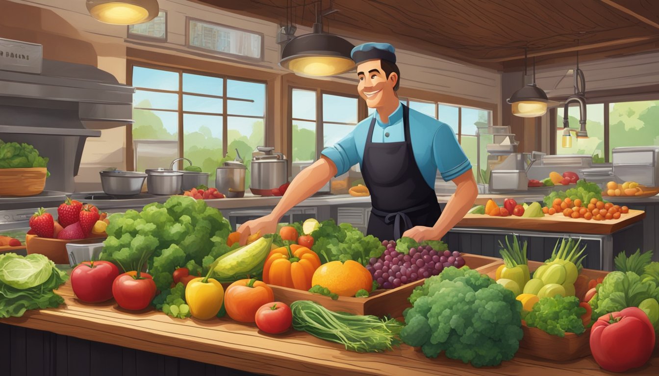 A colorful array of fresh fruits and vegetables displayed on a rustic wooden table at Black Bear Diner. A chef prepares a vibrant salad in the background