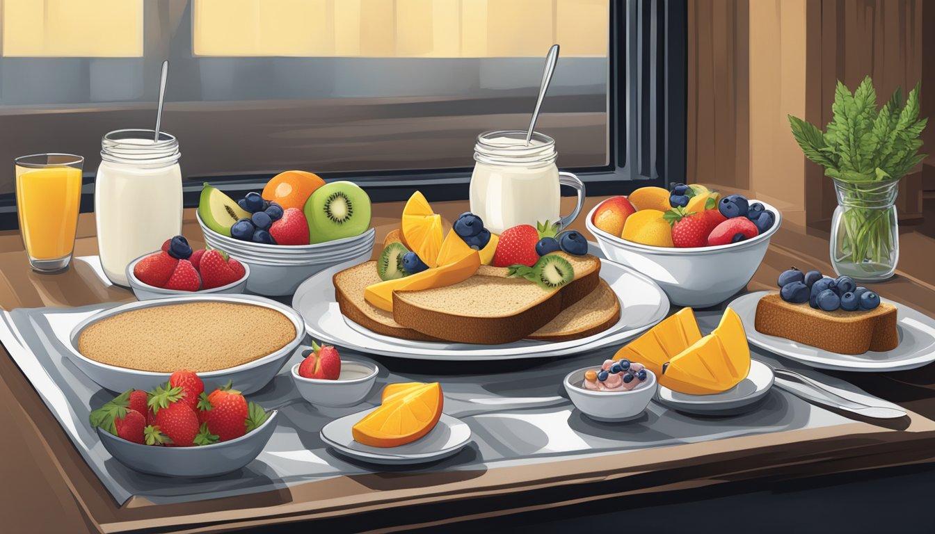 A table set with a colorful array of fruits, whole grain toast, and yogurt at a Black Bear Diner