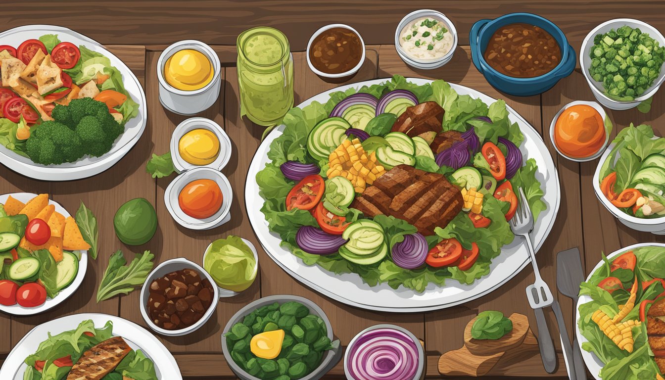 A colorful array of fresh salads, grilled vegetables, and lean proteins displayed on a wooden table at the Black Bear Diner