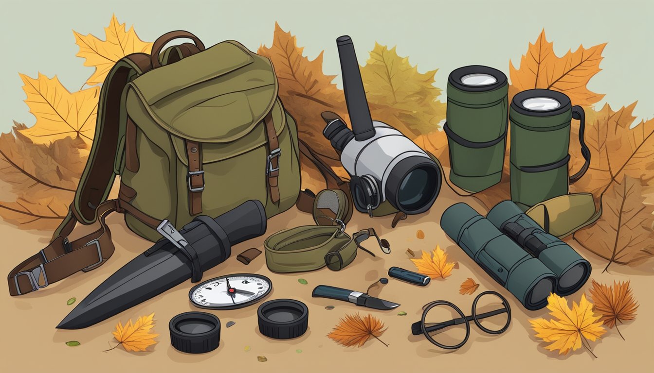 A hunter's backpack with a hunting knife, compass, and binoculars laid out on the ground amidst fallen leaves and pine needles