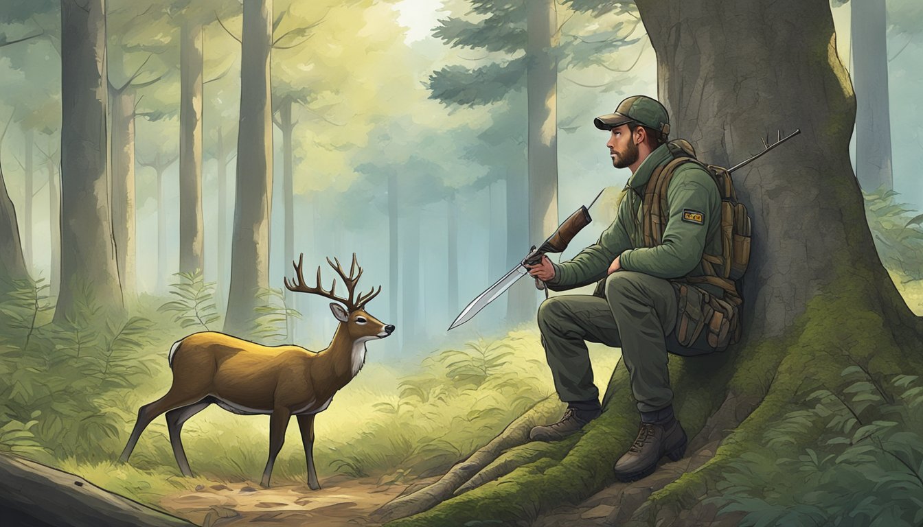 A hunter crouches behind a tree, holding a knife, while a deer grazes nearby in a dense forest