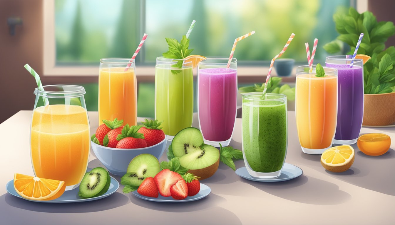 A table set with colorful fruit smoothies and fresh vegetable juices, alongside a variety of herbal teas and infused water options