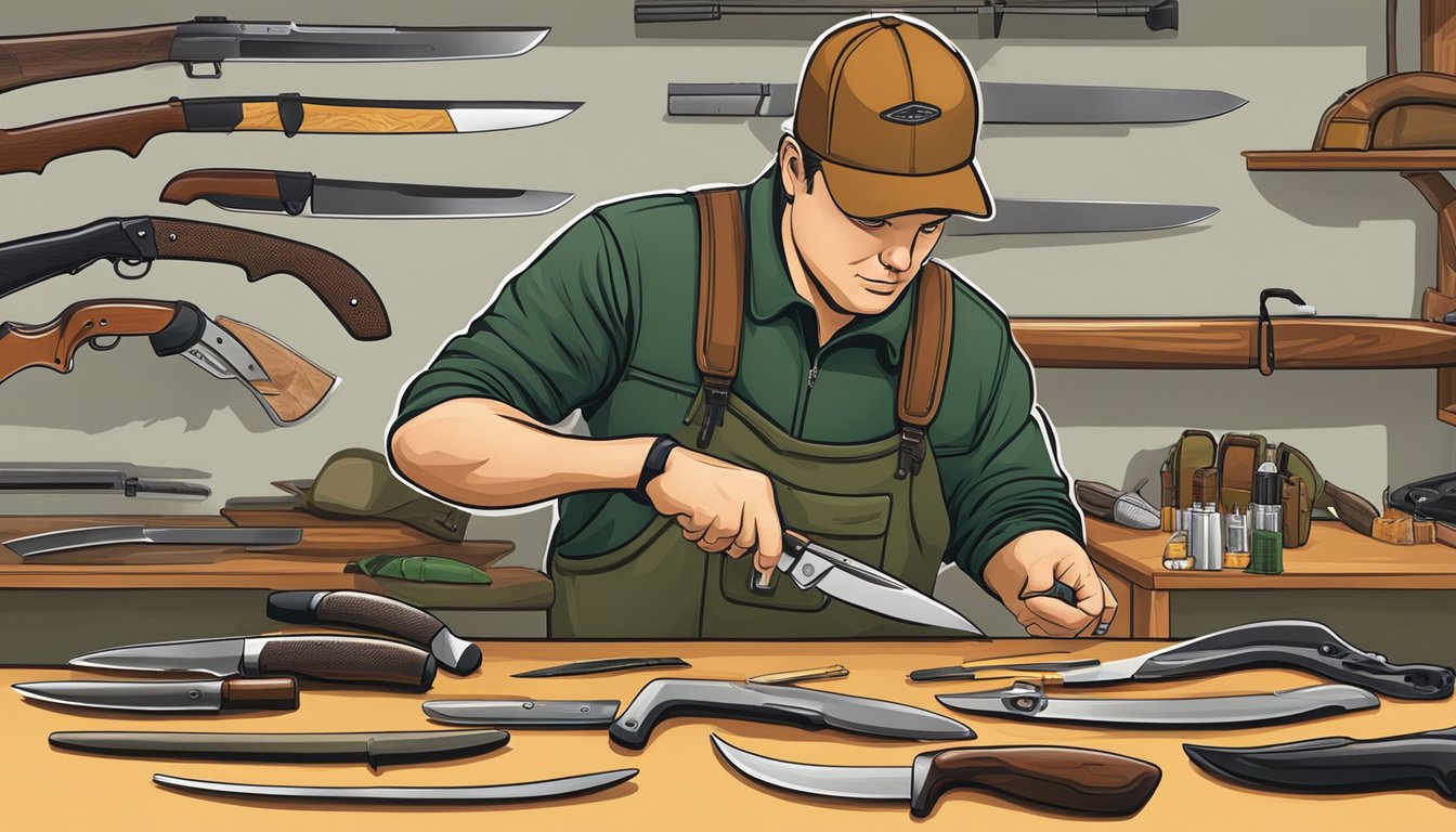 A hunter carefully selects a knife from a display of various options, considering the quality and price before heading out for deer hunting