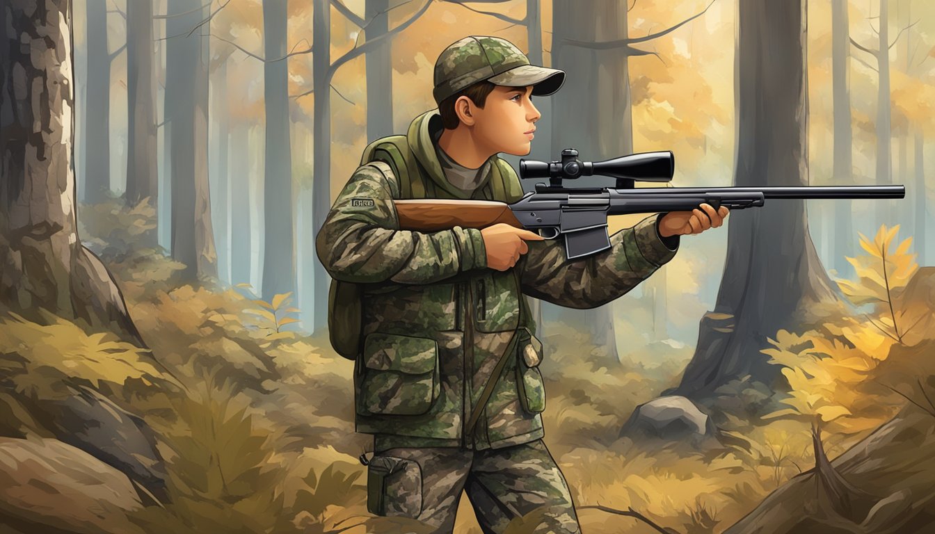 A young hunter in camouflage holds a rifle, scanning the forest for deer. A "Youth Deer Hunting" sign is posted nearby