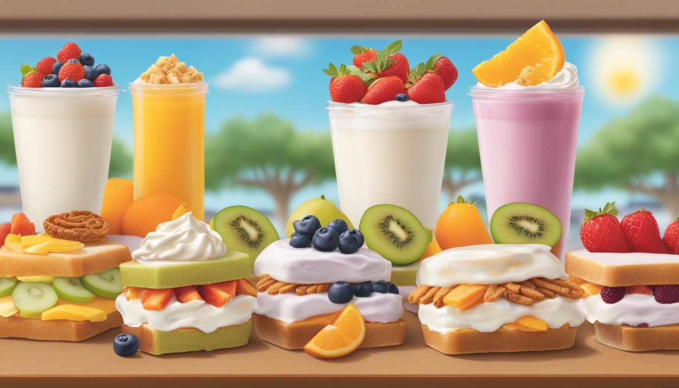 A colorful display of fresh fruits, yogurt parfaits, and whole grain breakfast sandwiches on Dunkin's menu board