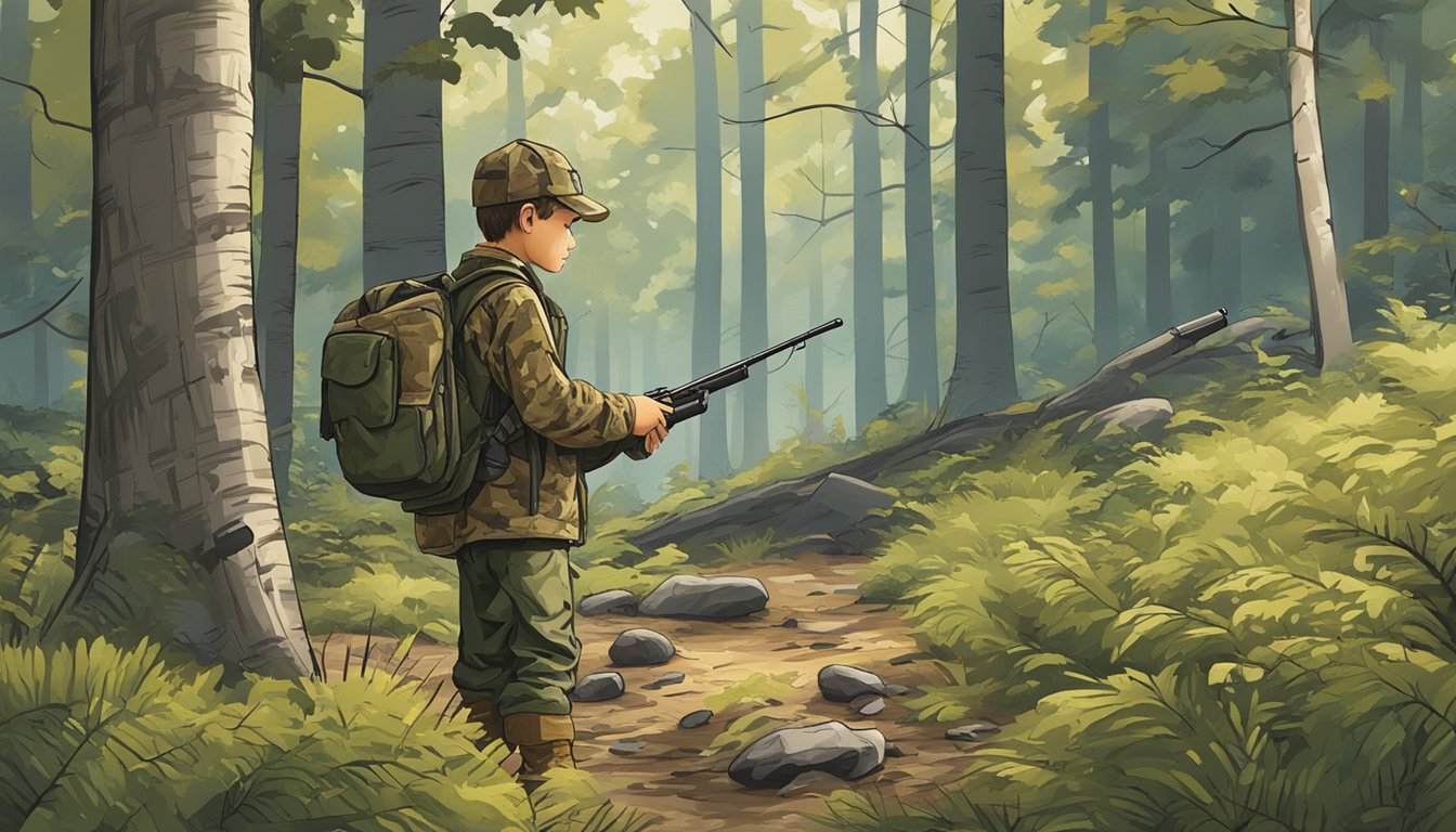 A young hunter stands in a forest clearing, checking their gear and adjusting their camouflage clothing before heading out for youth deer hunting