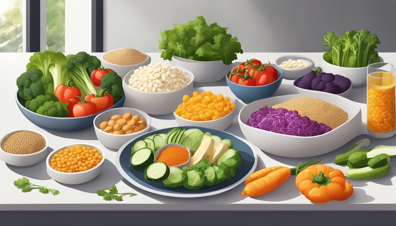 A colorful array of fresh vegetables, whole grains, and lean proteins arranged on a clean, modern table setting