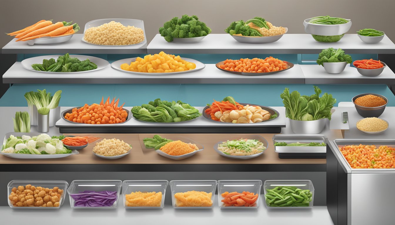 A colorful array of fresh vegetables and lean protein options displayed on a clean, modern serving counter at Panda Express